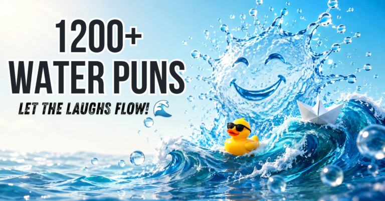 Featured image for 1200+ hilarious water puns, featuring playful water-themed artwork and the text “Water Puns – Let the Laughs Flow."
