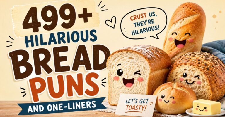 Cute smiling loaves, buns and butter with playful bread puns and one-liners, including “Crust us, they’re hilarious” and “Let’s get toasty.”