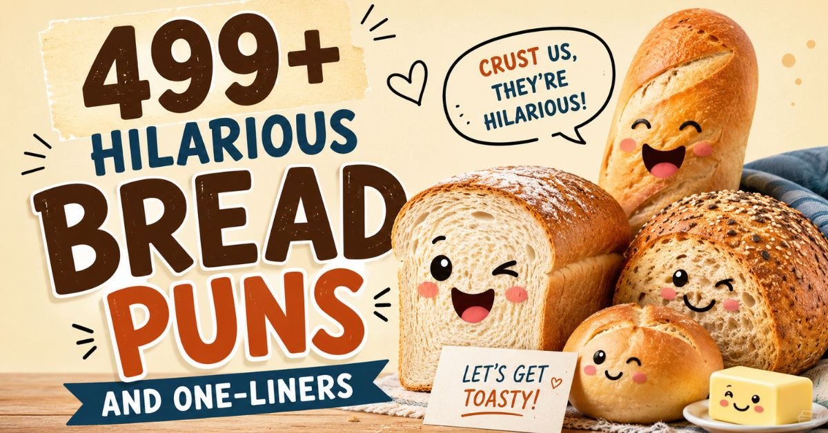 Cute smiling loaves, buns and butter with playful bread puns and one-liners, including “Crust us, they’re hilarious” and “Let’s get toasty.”