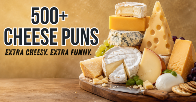 Assortment of Cheddar, Brie, Swiss, Gouda, and other cheeses arranged on a board for a collection of 500+ funny cheese puns.