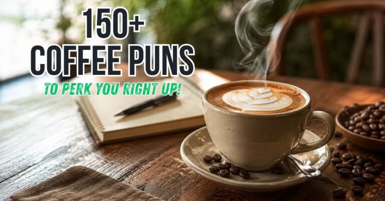 Featured image for 150+ coffee puns, featuring bold “Coffee Puns” text over a realistic cup of coffee on a cozy café table.