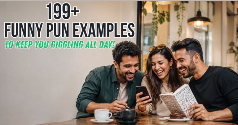 Group of friends laughing together while reading funny pun examples, representing humorous wordplay and jokes.