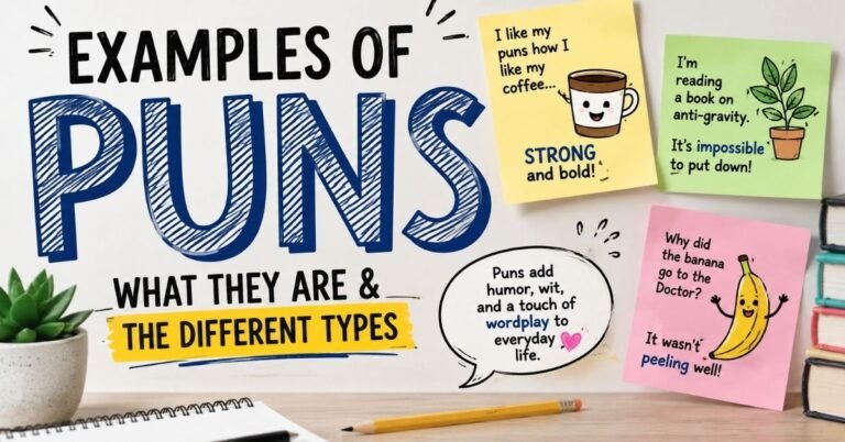 Pun examples showing different types of wordplay, including clever language and double meanings