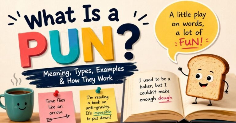Realistic desk scene with an open book, wordplay notes, letter tiles and writing tools illustrating what a pun is and how puns work.