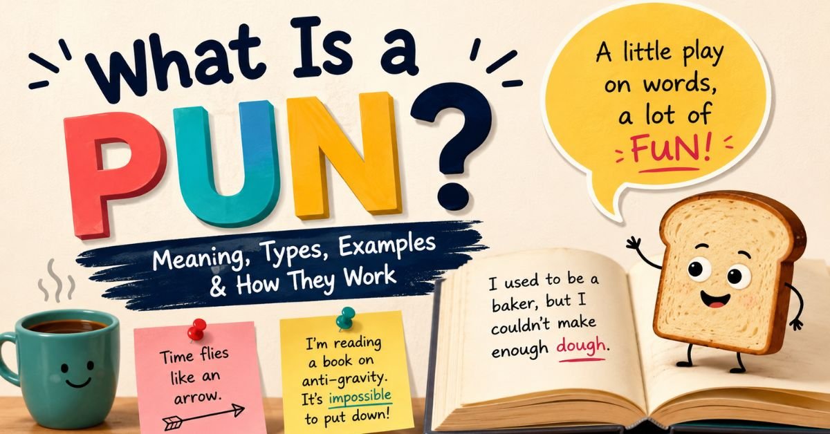 Realistic desk scene with an open book, wordplay notes, letter tiles and writing tools illustrating what a pun is and how puns work.