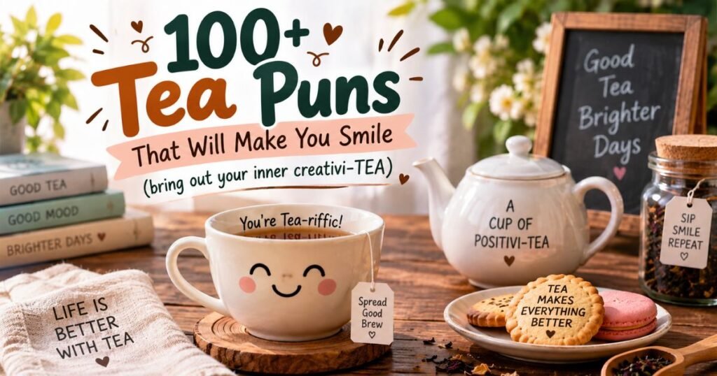 100+ tea puns with funny creativi-TEA wordplay, cozy teacup, teapot, biscuits, and tea-themed décor
