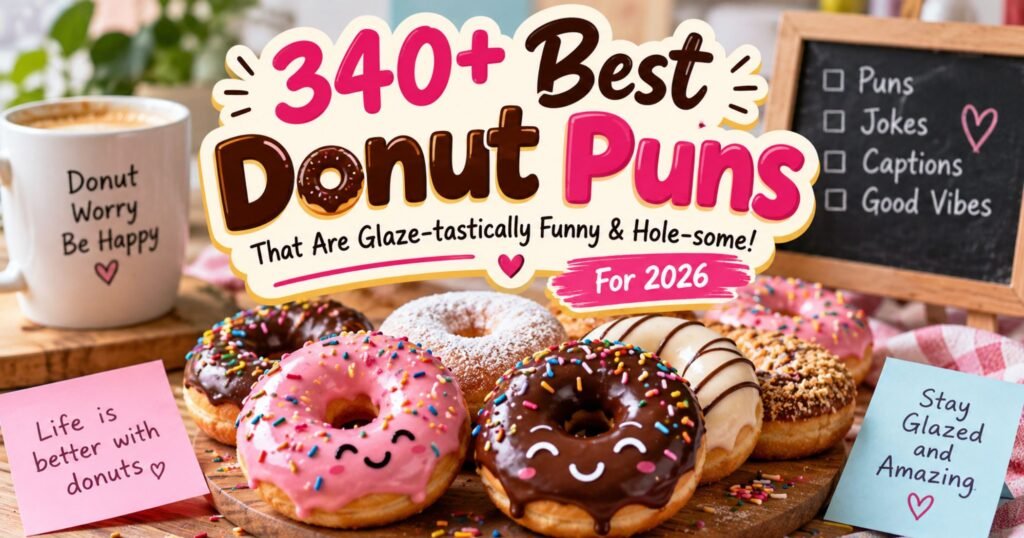 340+ best donut puns featuring colorful glazed donuts, funny wordplay, and playful humor for 2026