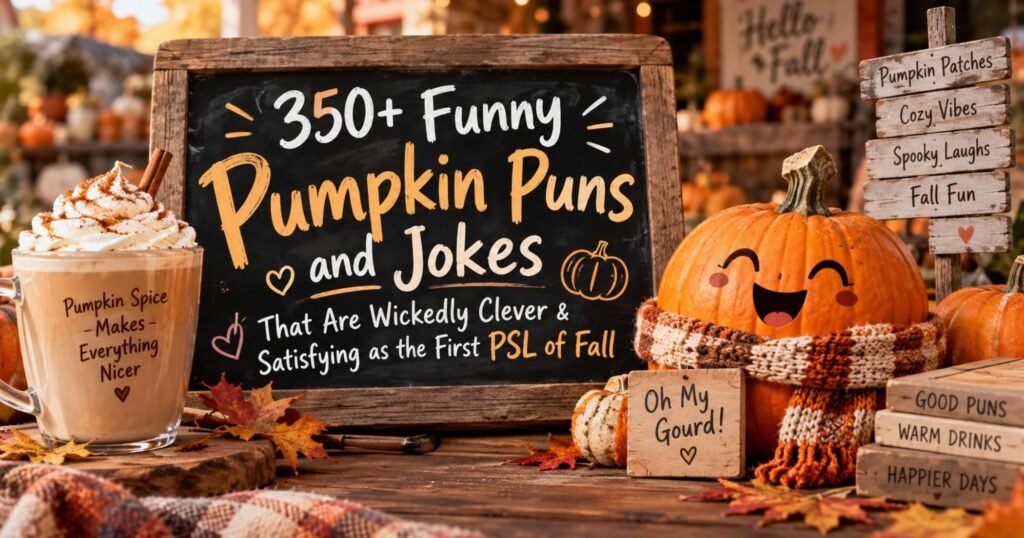 350+ funny pumpkin puns and jokes with pumpkins, pumpkin spice latte, and cozy fall decorations