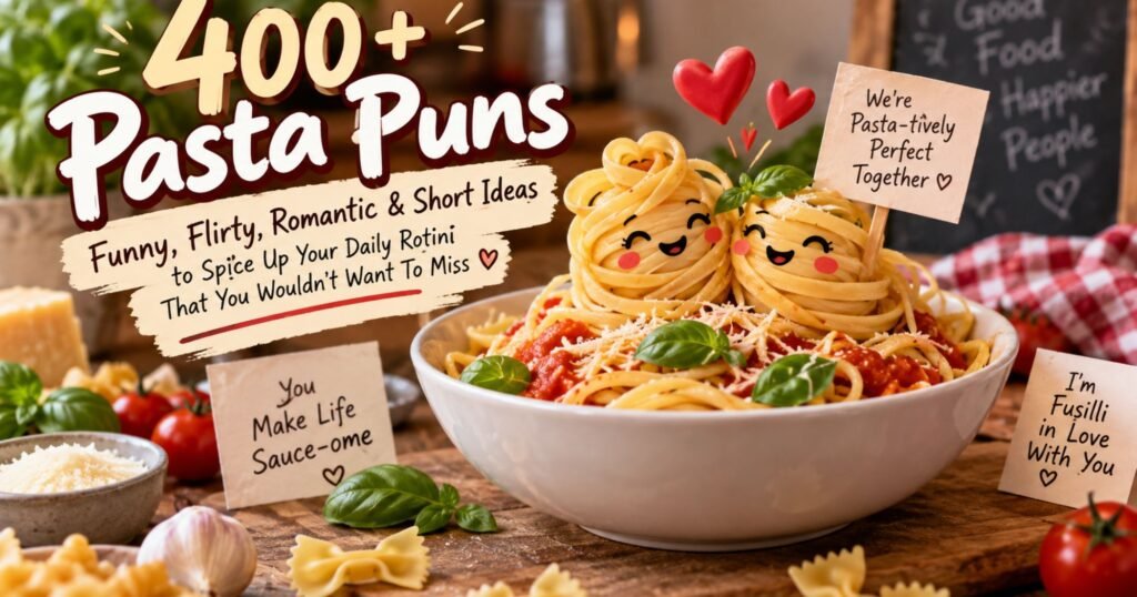 400+ pasta puns featuring funny, flirty, romantic, and short pasta wordplay ideas