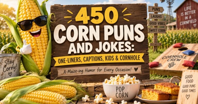 450 corn puns and jokes with funny corn character, popcorn, corn on the cob, and cornhole game