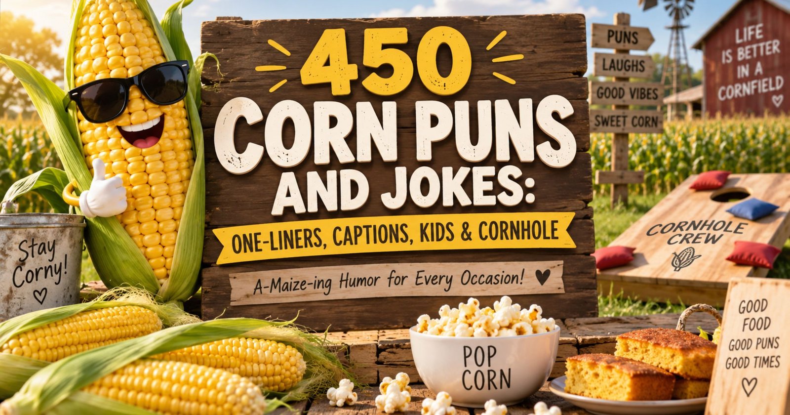 450 corn puns and jokes with funny corn character, popcorn, corn on the cob, and cornhole game