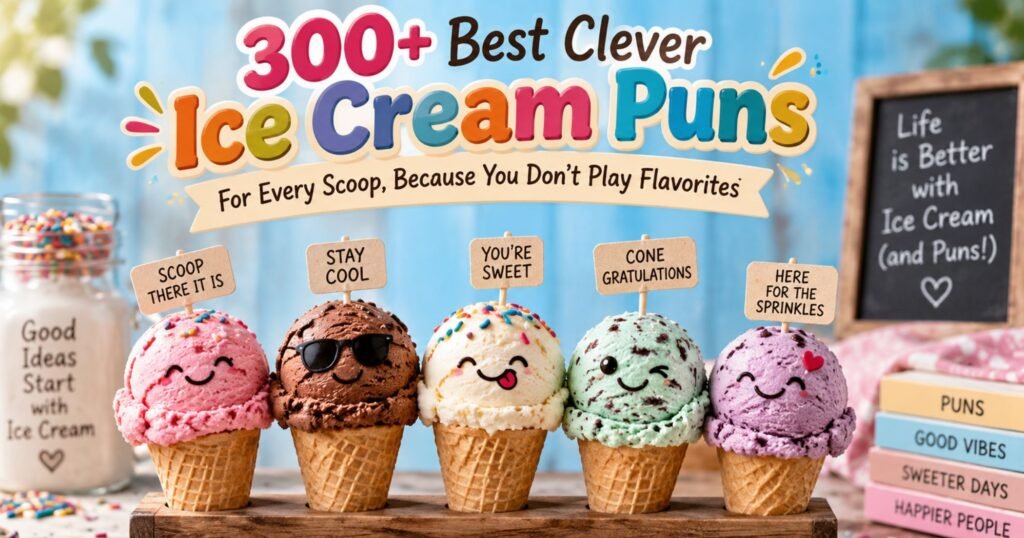 300+ best clever ice cream puns with colorful ice cream cones and playful pun signs