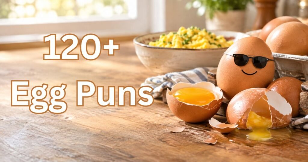 Egg puns featured image with cracked eggs and golden yolks on a kitchen breakfast table