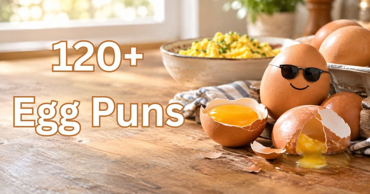 Egg puns featured image with cracked eggs and golden yolks on a kitchen breakfast table