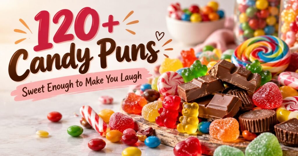 120+ funny candy puns with colorful chocolate, gummy candies, lollipops, and sweet treats