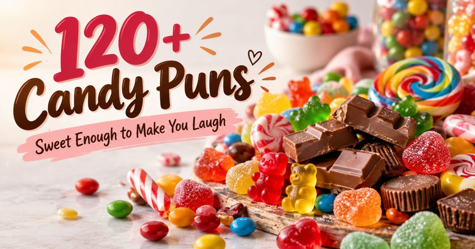 120+ funny candy puns with colorful chocolate, gummy candies, lollipops, and sweet treats