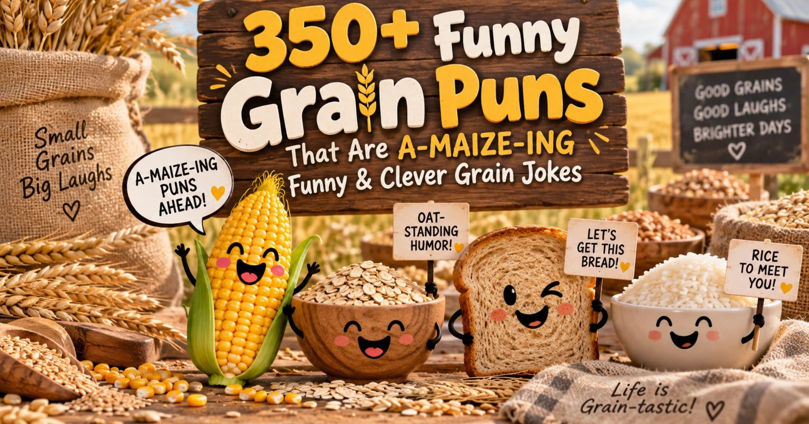 Funny grain puns featuring playful corn, wheat, oats, rice, and bread with a-maize-ing grain jokes
