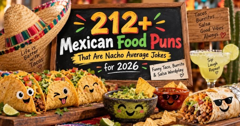 212+ Mexican food puns featuring funny tacos, burritos, guacamole, salsa, and playful food wordplay for 2026