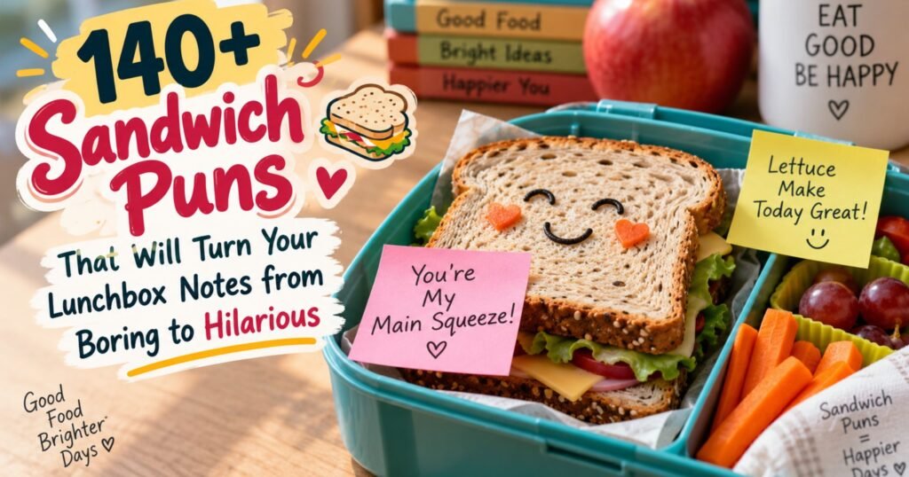140+ sandwich puns with funny lunchbox notes featuring a playful sandwich in a packed lunchbox