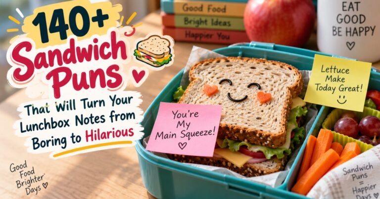140+ sandwich puns with funny lunchbox notes featuring a playful sandwich in a packed lunchbox