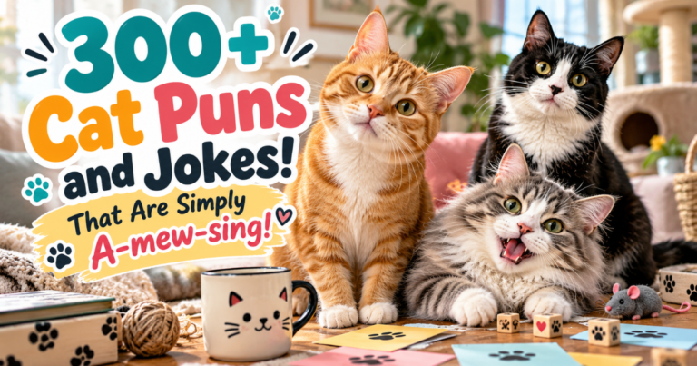 Three playful cats featured in a collection of 300+ funny cat puns and jokes