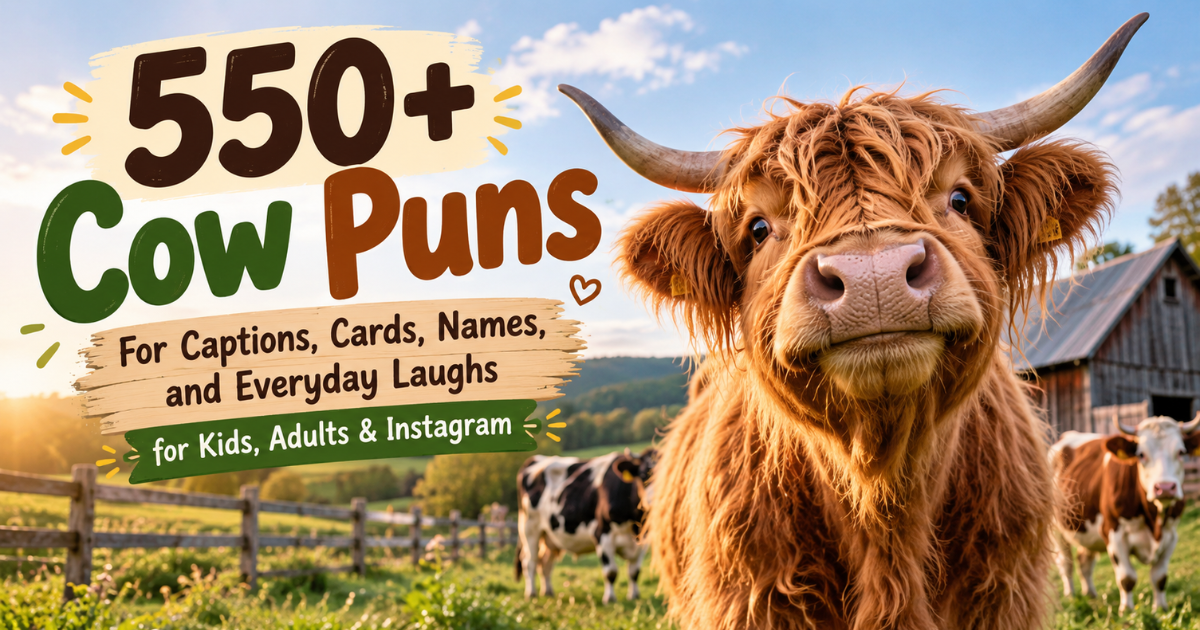 Highland cow featured image for 550+ cow puns, captions, cards, names, and Instagram