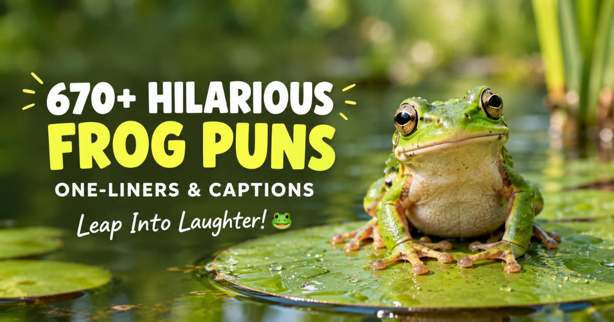 Green frog on a lily pad featured for 670+ hilarious frog puns, one-liners, and captions