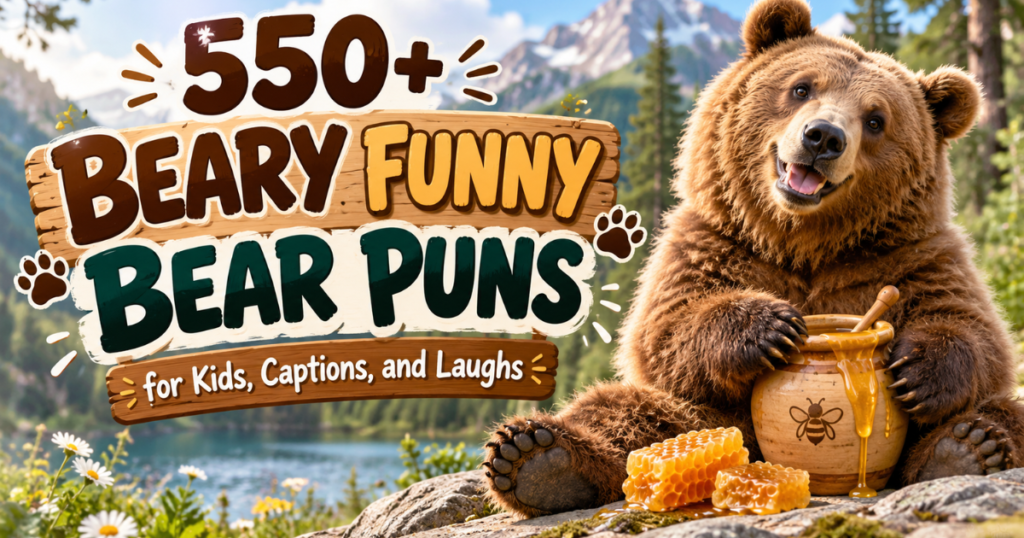 Cute brown bear with honey jar featured in 550+ beary funny bear puns for kids, captions, and laughs