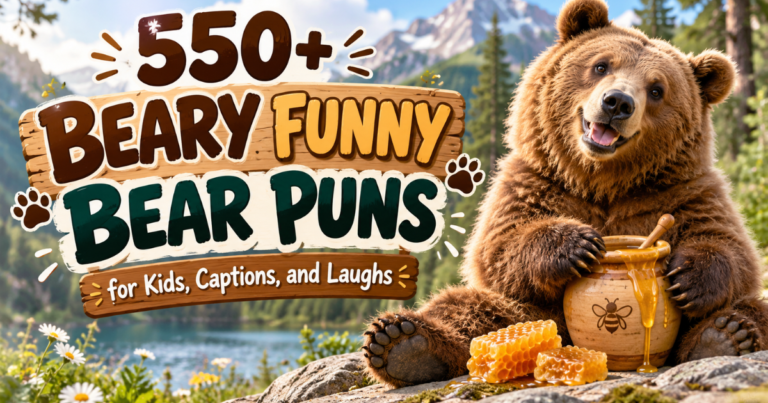 Cute brown bear with honey jar featured in 550+ beary funny bear puns for kids, captions, and laughs