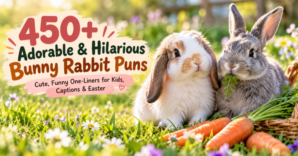 450+ adorable and hilarious bunny rabbit puns featuring cute rabbits, funny one-liners, captions, kids’ jokes, and Easter humor