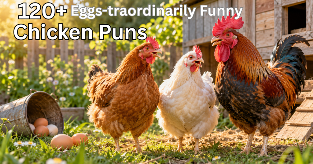 Three realistic chickens, including two hens and a rooster, standing in a sunny backyard coop for a funny chicken puns article.