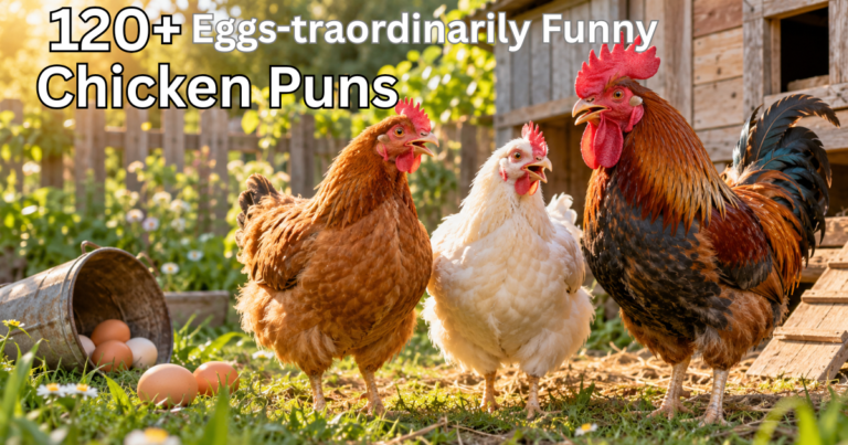 Three realistic chickens, including two hens and a rooster, standing in a sunny backyard coop for a funny chicken puns article.