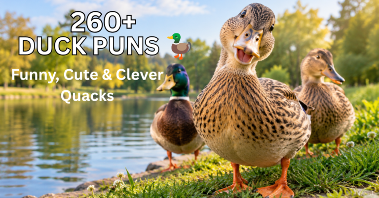 Three ducks beside a pond, including a curious mallard, for a funny and cute duck puns article.