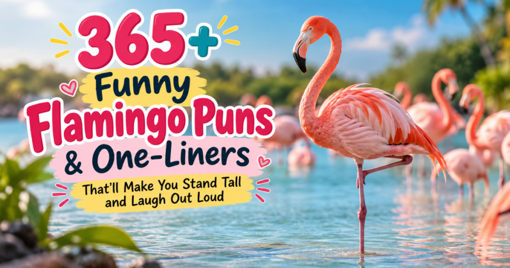 Pink flamingo standing on one leg in water for a funny flamingo puns article