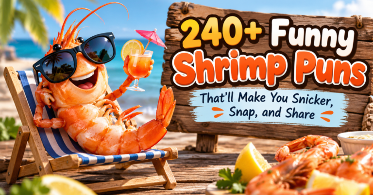 240+ funny shrimp puns featuring a playful shrimp at the beach with a humorous seafood-themed sign