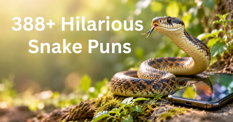 Realistic snake on a mossy log with a smartphone, representing funny snake puns, jokes, one-liners, and social media captions.
