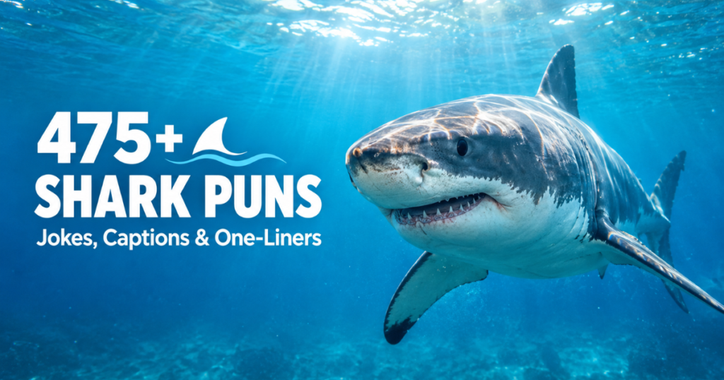 Great white shark swimming underwater for a featured guide to 475+ shark puns, jokes, captions, and one-liners.