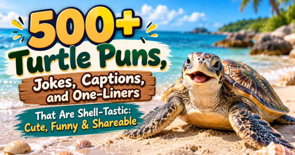 Photorealistic sea turtle on a tropical beach with text featuring 500+ turtle puns, jokes, captions, and one-liners